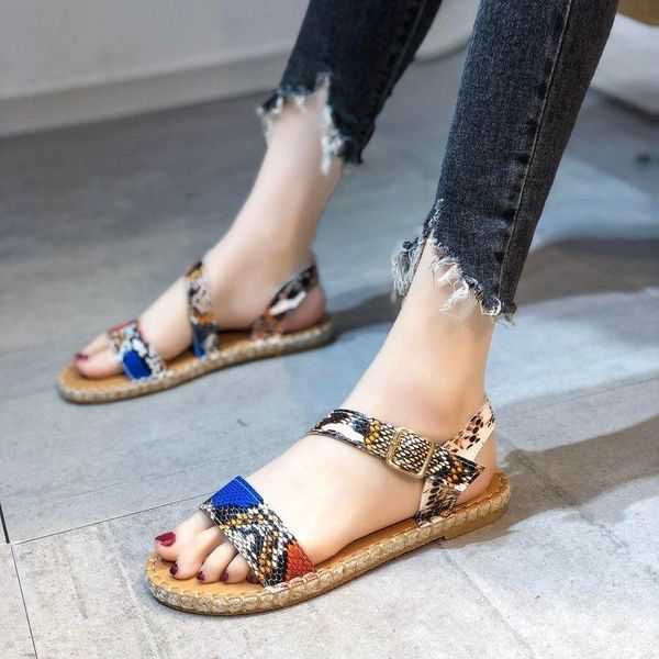 

sandals 2021 summer female snake print flat shoes fashion buckle soft sole comfortable breathable non-slip beach, Black