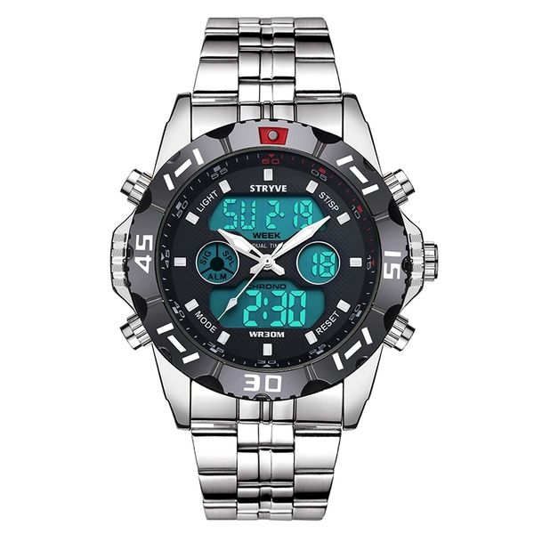 

stryve8011 relojes brand waterproof business sport watches men stainless steel digital pointer dual display fashion quartz watch