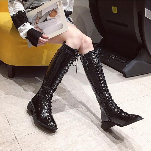 

boots high 2021 patent front lace women's leather slim, Black