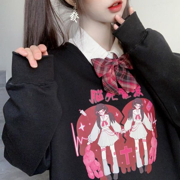 

"twin girls" original pattern print autumn winter hooded female japanese harajuku loose hoodies girl outerwear student women&#039, Black