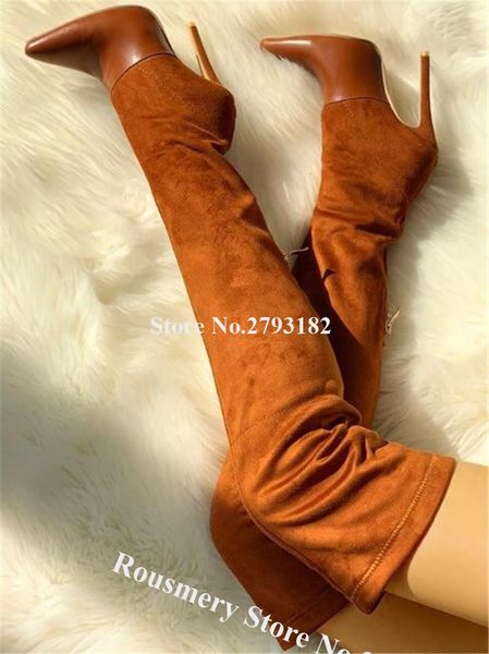 

boots ladies fashion pointed toe suede leather over knee stiletto heel brown patchwork long high dress shoes, Black