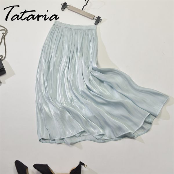 

tataria high waist pleated skirt for women mid calf s elastic pearl luster solid color half-length s 210514, Black