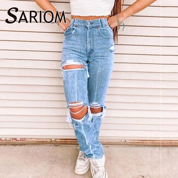 

punk blue ripped distressed high waisted denim jeans womens hip hop 90s boyfriend ladies long trousers pantalon femme jean women's
