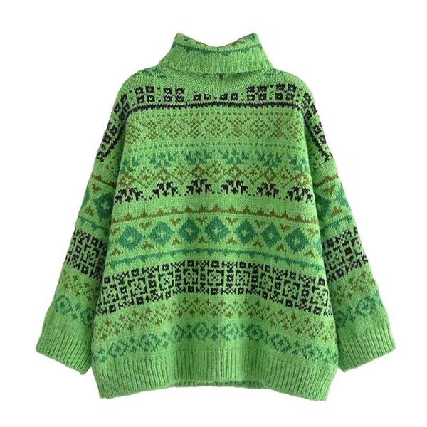 

women's sweaters women green geometry turtleneck knitted sweater jumper female elegant oversize pullovers chic, White;black