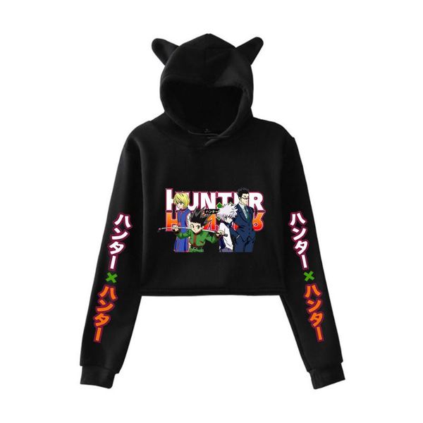 

women's hoodies & sweatshirts hunterxhunter printed cat cropped women long sleeve hooded pullover crop 2021 casual streetwear clothes, Black