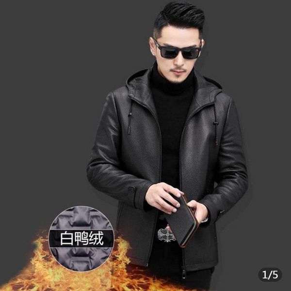 

men's leather & faux deerskin head jacket hooded genuine medium long detachable down liner thickened coat, Black