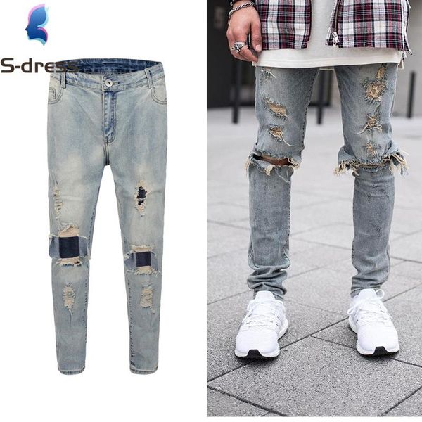 

men's jeans men's wear european and american high street knee damage hole blue washed distressed trend
