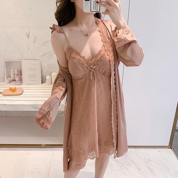 

women's sleepwear nightgowns femme nightwear lingerie lace dress robe nighty silk satin bathrobe nightdress homewear sleep wear, Black;red