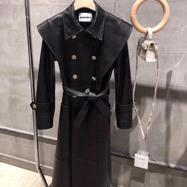 

women's leather & faux genuine sheep coat long ladies real lambskin women, Black