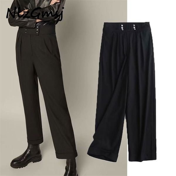 

pant women fashion buttons decorate wide leg pants trousers pockets office lady pantalon 210628, Black;white