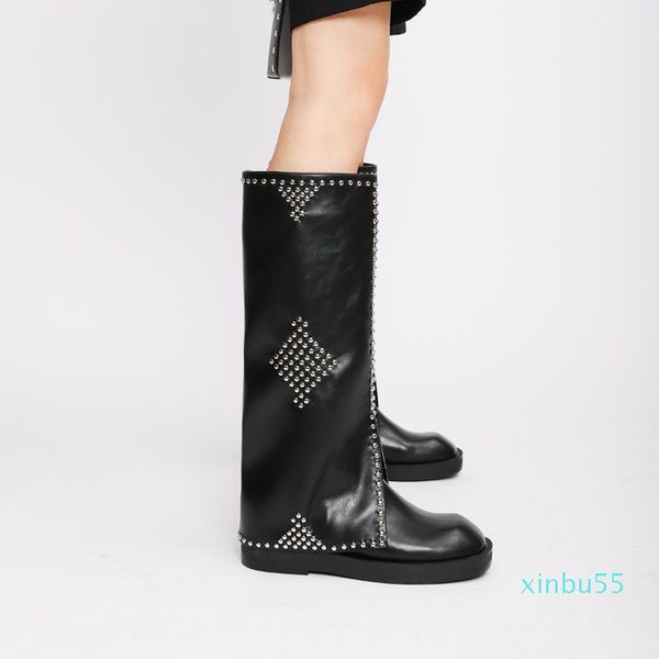 Botas de moda feminina para as mulheres calças sapatos de salto chunky joelho alto inverno estranho estilo rivet