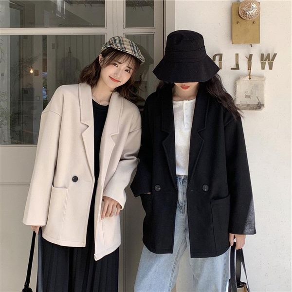 

women's suits & blazers nice suit set single-breasted vintage women spring pocket blazer jackets solid color oversized woman coats, White;black