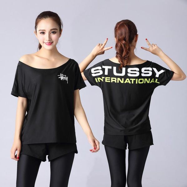 

yoga outfit summer loose off-shoulder letter printed women short sleeve sports gym fitness running quick dry t shirt
