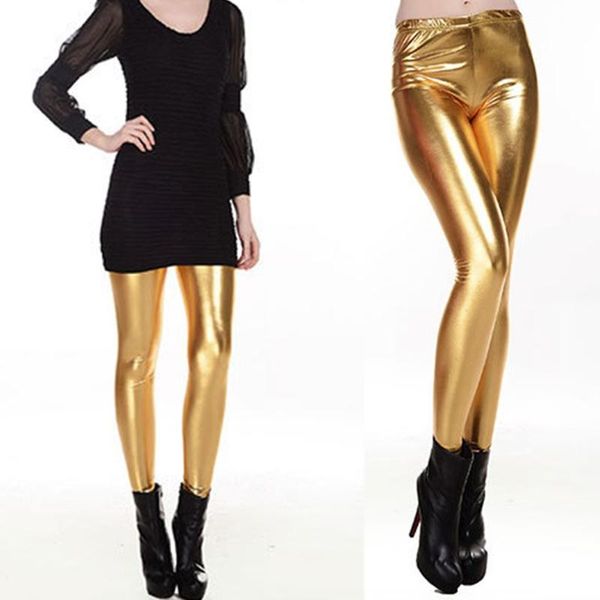 

women's leggings women shiny silver gold high-waisted faux leather stretch, Black