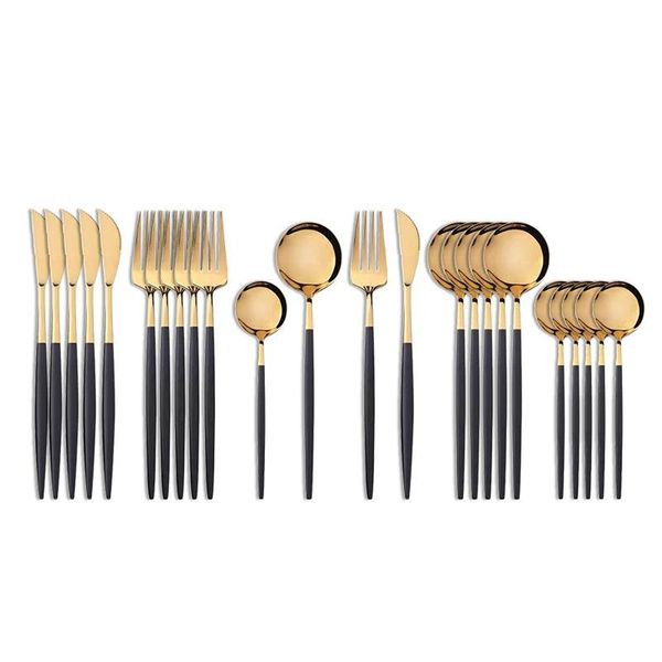 Set di stoviglie 24 pezzi Set in acciaio inossidabile 18/10 Posate in oro nero Cucchiaio Forchetta Coltello Posate occidentali Argenteria Forniture per la tavola