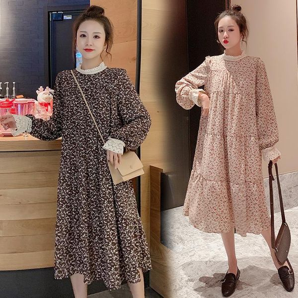 

maternity dresses 5809# dress spring autumn floral cotton long sleeves loose stylish for pregnant women mom, White