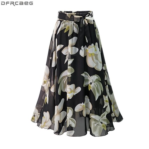 

new plus size women chiffon skirt europe fashion bow saia midi lining jupe femme lace up falda mujer summer print floral skirts, Black