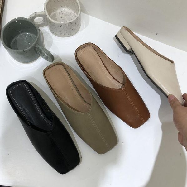 

bailamos summer women slippers square toe slip on slides soft pu leather casual mules shallow flat heel outdoor flip flops, Black