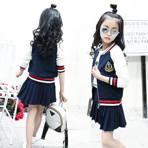 

clothing sets spring autumn teenage girls set children's school uniform coat with skirt sport suit kids girl tracksuit 6 8 10 12 year, White