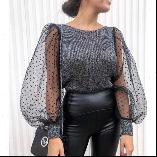 

elegant knitted patchwork mesh women shirts puff sleeve o neck streetwear fashion, White