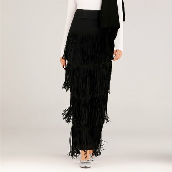 

women high waist skirts solid irregular fringed lady long skirt tassel elastic casual african modest elegant retro jupes falads 210416, Black