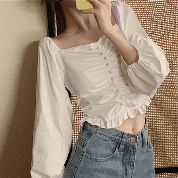

blouse women shirt vintage french square collar short ladies bl074 women's blouses & shirts, White