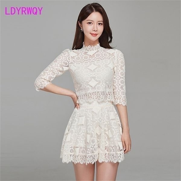 

ldyrwqy summer korean style stand-up collar three-quarter sleeves see-through lace + slim skirt two-piece suit 210416, White