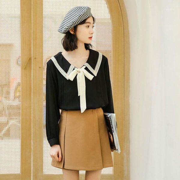 

women's blouses & shirts women chiffon shirt spring summer long sleeve bowknot blouse student girl korean sweet chic elegant preppy sty, White