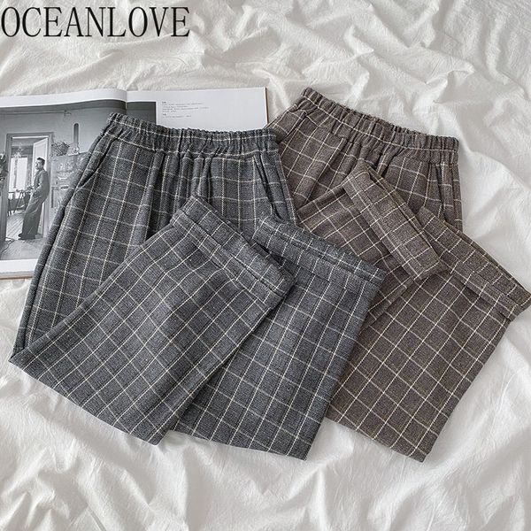 

plaid pants women vintage elastic high waist autumn winter pantalones de mujer ins casual trousers 18853 210415, Black;white