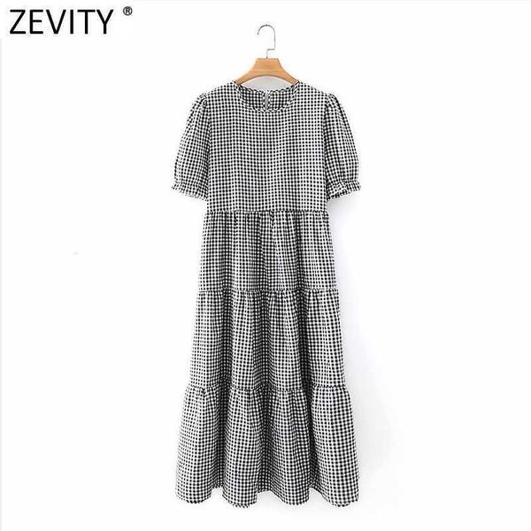 

zevity women vintage o neck puff sleeve plaid print pleats midi dress female chic casual ruffles a line vestidos ds8312 210603, Black;gray
