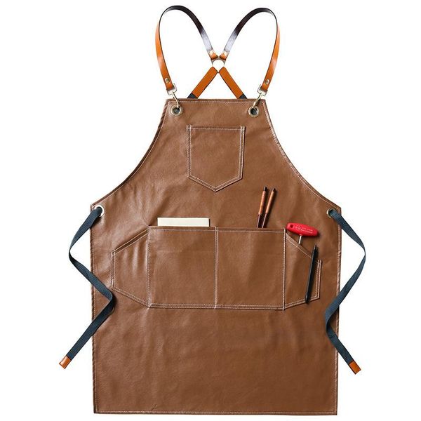 

aprons solid pu leather waterproof women men apron for kitchen accessories cafe house cleaning bib cooking baking pocket chef pinafore