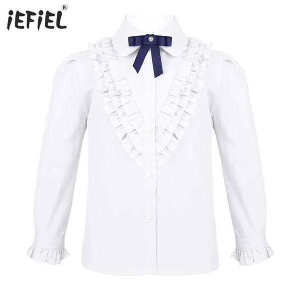 

cute kids girls blouse school uniform turn-down collar bowknot ruffled front baby long-sleeved buttons closure shirt shirts, White;black