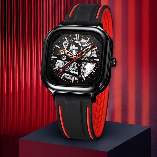 

swiss ailang men's watch 2021 mechanical automatic winding hollow brand square wristwatches, Slivery;brown