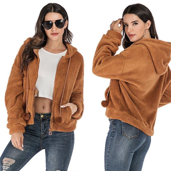 

women's jackets women hoodies jacket coat solid warm oversized zip up outwear casual fleece overcoat with pocket camel, Black;brown
