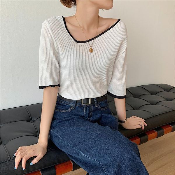 

2021knitted short sleeve t-shirt women korea summer tshirt thino-neck knit female tee shirt can be worn before and after women's, White