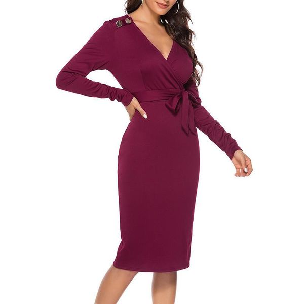 

casual dresses womens autumn solid color pullover long sleeve v neck high waist ladies bowknot belt split dress, Black;gray