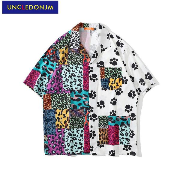 

men's casual shirts uncledonjm leopard print streetwear hip hop men shirt 2021 fashion high street vintage splicing for 286, White;black