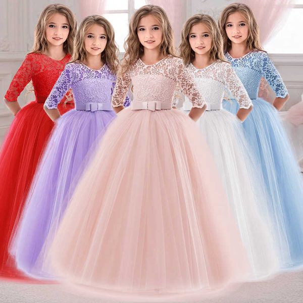 2021 sommer Langarm Mädchen Party Kleid Hochzeit Kleid Kinder Kleider Für Mädchen Kinder Abend Spitze Prinzessin Kleid 10 12 jahre Q0716