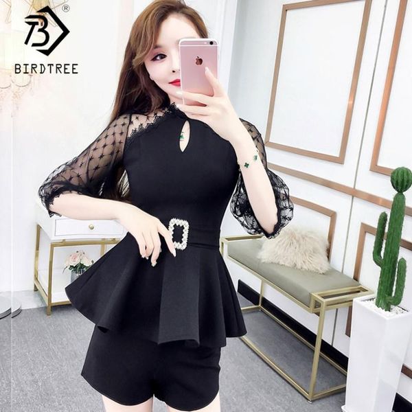 

summer woman 2 piece set mesh patchwork pullover ruffles shirt hollow out zipper o neck sashes shorts s92811z women's two pants, White