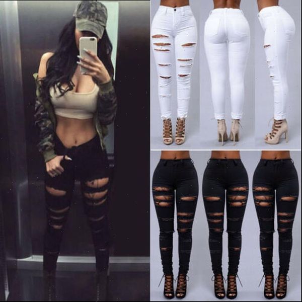 

women jeans skinny denim holes pants nbsp destroyed pencil high waist casual trousers black white stretchy ripped, Blue