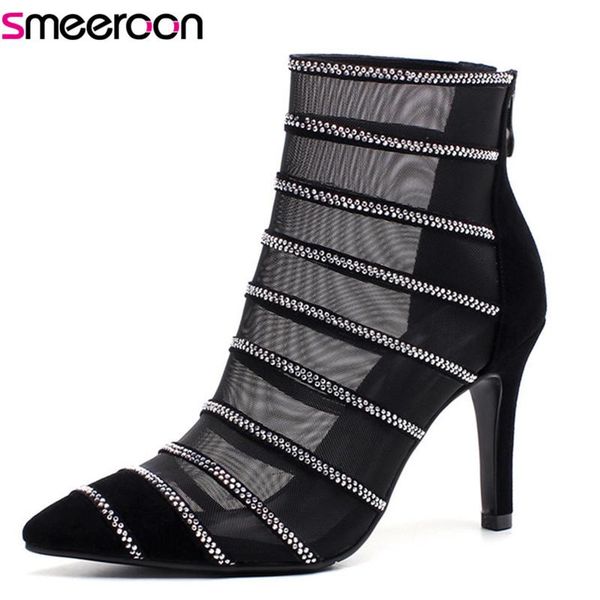 

smeeroon 2021 women sandals hollow out elegant dress shoes pointed toe summer zipper suede leather high heels, Black