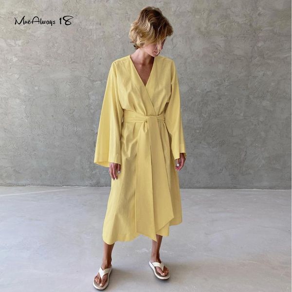 

casual dresses mnealways18 linen light yellow women robe dress belt tunics long sleeve lace-up wrap v-neck autumn loose, Black;gray