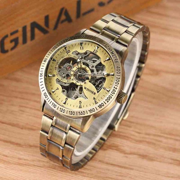

winner bronze skeleton for men hollow retro automatic mechanical men's luxury clock male watch reloj para hombre, Slivery;brown