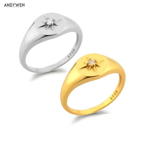 ANDYWEN 925 Sterling Silver Gold Star Zircon Shinny Round Thick Rings Women Rock Punk Classic Fashion Jewelry Wedding 210608