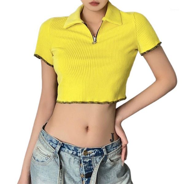 

women's t-shirt y2k women crop fashion short sleeve lapel stylish half zipper for daily wear summer clothes, White