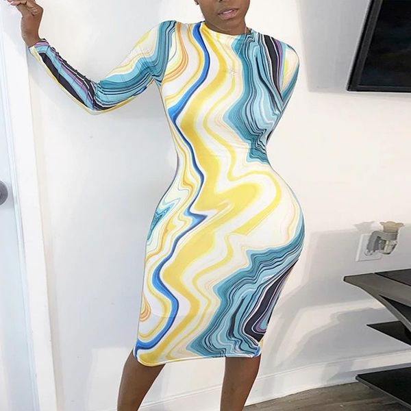 

women's elegant printed midi dress round neck long sleeve abstract stripe cocktail party gown slim bodycon casual dresses, Black;gray