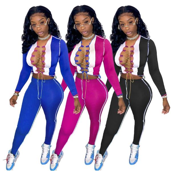 

women's two piece pants 2021 winter clothing lace bandage set contrast splicing strap hollowed out two-piece tracksuit, White