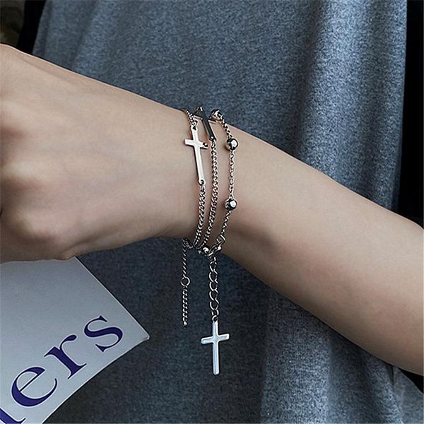 

link, chain sinleery trendy cross ball stainless steel bracelets cuba beach double layer bracelet homme gift for boyfriend sl169 ssk, Black