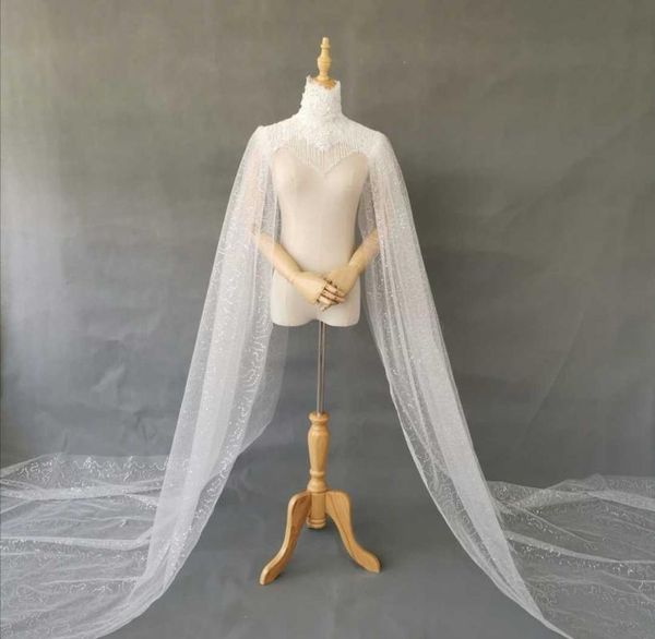 

wraps & jackets bridal cape halt neck shoulder long train straps flowing pieces seqinces tulle, White