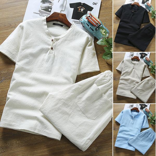 

designers linen short-sleeved t-shirt + shorts 2pcs men cotton linen causal suit for male summer spring autumn, Gray